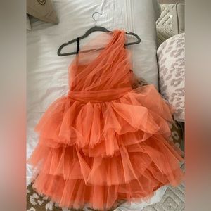 One Shoulder Orange Tulle Rouffle Mesh Mini Dress